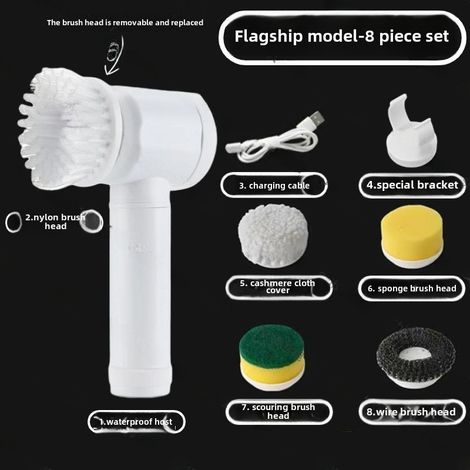 Brosse de nettoyage électrique multifonctionnelle à main avec radio, brosse pour la vaisselle de cuisine, brosse pour carrelage de salle de bain et de piscine (ensemble de huit pièces) (1/5)