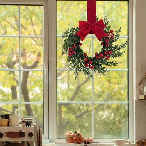 Guirlande De Noël - Couronne De Porte Mini - Décoration En Faux Houx Et Branches Vertes - Pour Porte D'Entrée Et Fenêtre - 1 Pièce (1/5)