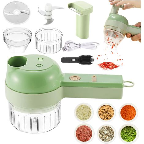 Juego de cortador de verduras eléctrico 4 en 1, espiralizador portátil, cortador de frutas multifuncional con recipiente y cepillo de limpieza, carga USB (1/5)