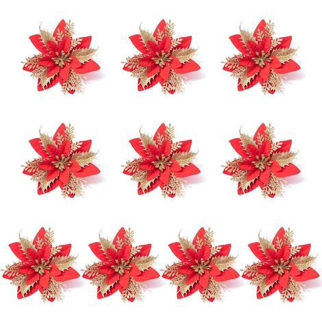 10pcs 14cm Poinsettia Künstliche Blumen Glitzer Weihnachtsblume Für Xmastree Dekoration Hochzeitsfeier Kranz Ornamente Hochzeitsdekorationen (1/5)