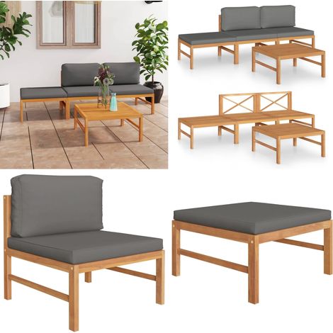 Salon de jardin 4 pcs avec coussins gris Bois de teck solide - Ensemble Salon De Jardin - Mobilier De Jardin - Salon De Jardin En Bois - Terrasse - Jardin - Home & Living (1/5)