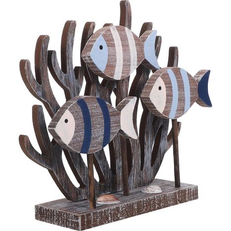 Ornement Poisson en Bois Sculpté Style Côtier Méditerranéen Petite Figurine Décoration Meuble TV Table Plage (1/5)