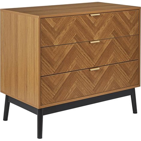 SIXTYS - Commode 3 Tiroirs Aspect Bois Décor Chevrons Piétement Noir (1/5)