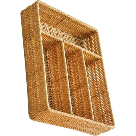 Plateau de rangement pour couverts et clés, 34 x 26 x 7 cm, imitation osier, café clair, séparateurs, organisateur d'ustensiles de cuisine portable pour bureau et tiroirs, 4 compartiments (1/5)