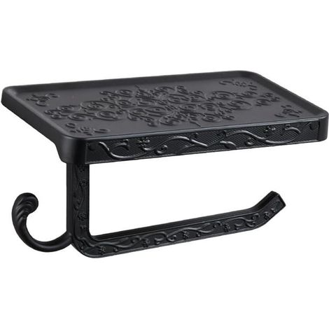 Porte-papier toilette mural simple et noir avec étagère, support pour papier toilette et téléphone, en aluminium léger (1/5)