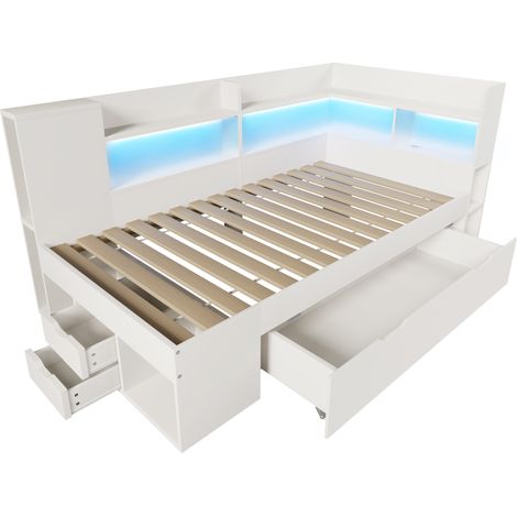 Letto singolo 90x200 cm bianco con LED, USB e Type-C, cassetti e ripiani, con materasso (1/5)