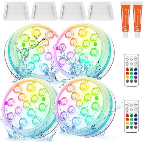 Lumière de Piscine LED Submersible avec Télécommande Éclairage Etanche Lampes IP68 Étanche Lumières Sous-marines Pour Aquariums, Baignoire, Étangs (Lot de 4 lampes de piscine à piles) (1/5)