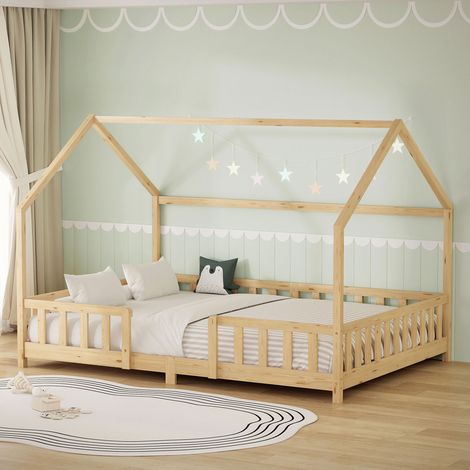 ML-Design Kinderbett Hausbett 140x200 cm mit Rausfallschutz, Dach & Lattenrost, Natur, Bettgestell aus massivem Kiefernholz, Montessori Bodenbett, Holzbett für Mädchen & Jungen, Jugendbett Doppelbett (1/5)