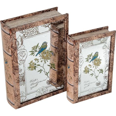 Lot de 2 caisses livre en bois MDF avec miroir et intérieur en velours naturel et fleuri 30 x 20 x 7 cm et 24 x 16 x 5 cm (1/3)
