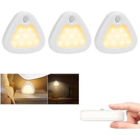 Lot de 3 lampes LED sans fil avec détecteur de mouvement et capteur jour/nuit - blanc chaud 3200K - lampes triangulaires pour meubles - design magnétique (1/5)