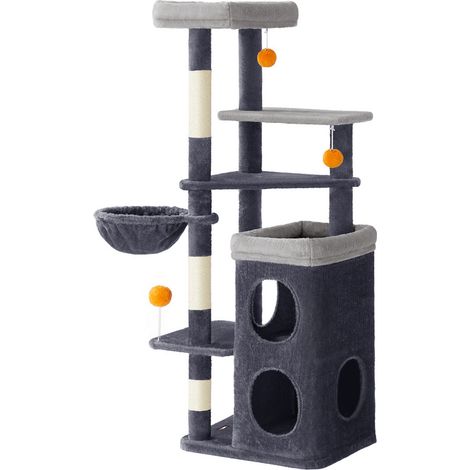 Arbre à Chat 152 cm de Haut, Tour de Jeux pour Chat à Plusieurs Niveaux, avec 2 Grandes Niches, 1 Hamac, 3 Poteaux à Griffer, 3 Plateformes, Gris Foncé