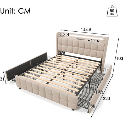 Lit rembourré double 140×200cm beige,USB,LED tête,4 tiroirs,rangement,base à lattes bois sans matelas