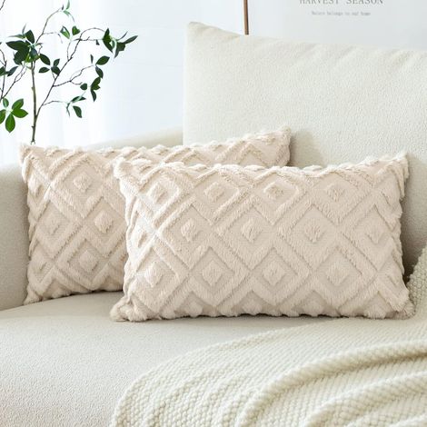 Lot de 2 Doux Peluche Laine Courte Velours Décoratif Housses de Coussin Style pour Canapé Chambre - Modernes Forme de Géométrie Beige, 30 x 50 cm (1/5)