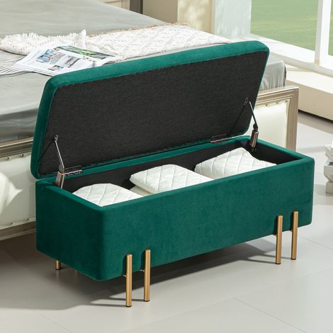 Banco con almacenaje (100x40x42 cm), asiento acolchado, estructura de metal, poliéster verde (1/5)