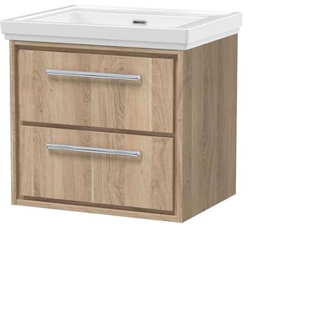 Longnor 2 Drawer Wall Hung Vanity Unit with 0 Tap Hole Traditional Fireclay Basin, Light Oak, 600mm