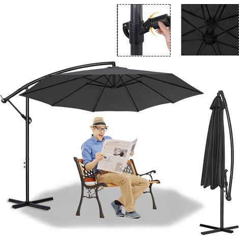 AUFUN Parasols en aluminium 350cm avec manivelle protection UV 40+ - Parasol de balcon gris foncé parasol de jardin réglable en hauteur (Gris foncé) (1/5)