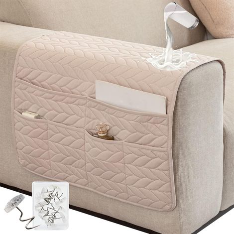 Funda para reposabrazos de sofá, acolchada y antideslizante, organizador impermeable con 6 bolsillos (beige) (1/5)