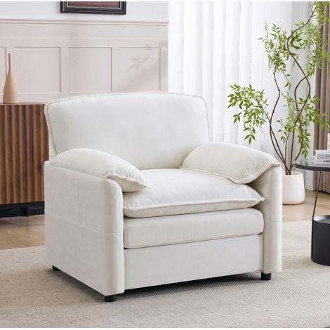 Fauteuil 1 place blanc en chenille avec poches de rangement latérales (1/5)