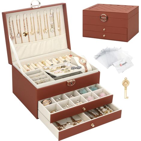 Boîte à bijoux, Organisateur de bijoux avec 2 tiroirs, Boîte de rangement de bijoux en cuir à 3 couches avec serrure, Coffret à Bijoux pour collier, d'oreille, bracelet (Brun, 3 Couches) (1/5)