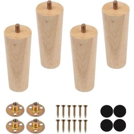 4 PCS Pieds de Meuble en Bois Massif,12 cm Pieds en Bois pour Canapé,Pieds Meubles Bois Rechange,Pieds Meubles Coniques avec Plaque de Montage Vis M8,Patins Antidérapants pourTable à Manger,Armoire (1/5)