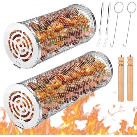 Lot 2 Paniers Grill Cylindriques Acier Inoxydable, Roulant 360°, Poignée Amovible Bois, pour Légumes, Viande, Poisson,30+29cm (1/5)
