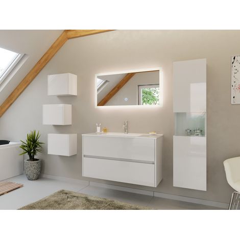 Badmöbel Set Taifun 4tlg. 100 cm mit LED Spiegel, 3er Boxen und Hochschrank weiß