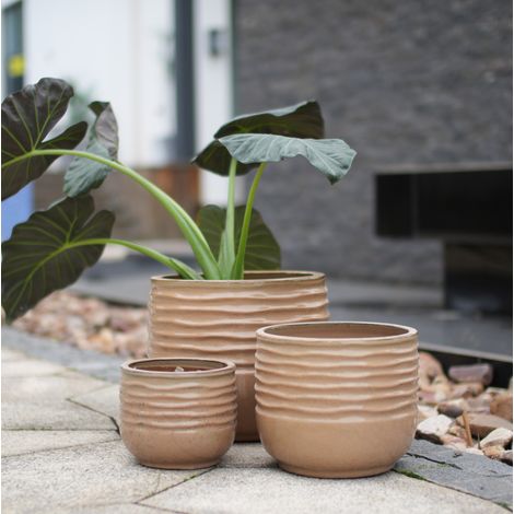 3er-Set handgefertigte Keramik-Blumentöpfe, glänzend hellbraun, Ø 36/26/20 cm OKWISH (1/5)