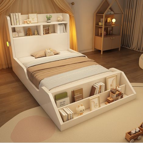 Cama juvenil con estantes y luces madera blanca OKMYHOME (1/5)
