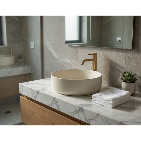 Lavabo tondo da appoggio senza troppo pieno in ceramica senza foro rubinetto - Avorio Opaco