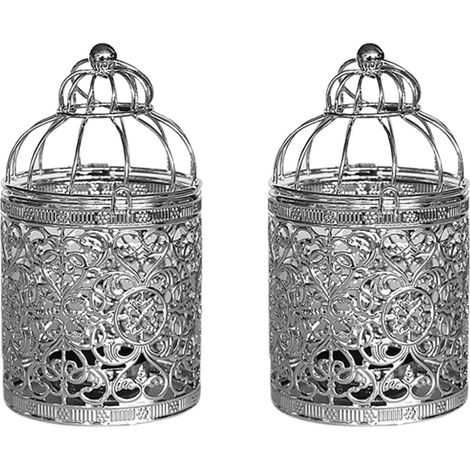 Bougeoir 2 pièces - argent - 8 x 8 x 14 cm - Cage à oiseaux en métal avec rebord ajouré - Porte-bougie en fer - Support de lanterne suspendue - Décoration de mariage et de fête - Modèle B (1/5)