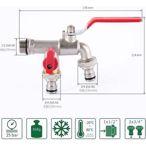 1/2'' Pouce (15/21) Robinet d'eau en Laiton Double de Qualité Supérieure, Résistant à la Rouille et au Gel + 2X Raccords de Tuyau Gratuits + Ebook Pour Jardin, Machine à Laver, Baril de Pluie (1/3)