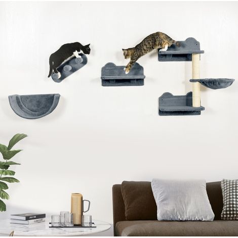 Parete tiragraffi per gatti 40x27.5x23.5 cm, 4 elementi, 3 livelli, piattaforma, scaletta e cuccia, legno composito, grigio (1/5)