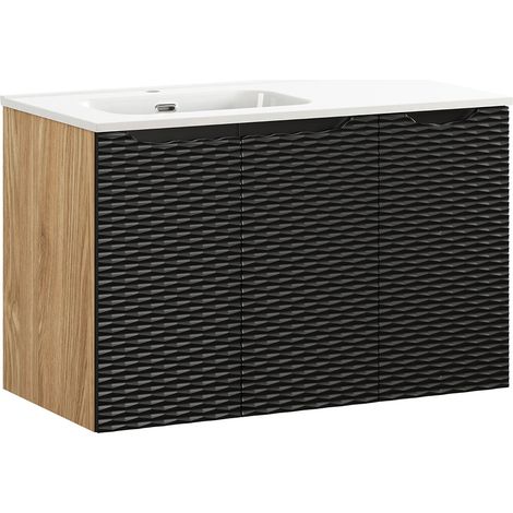 Waschtisch 90cm in Eiche mit schwarz, OLUO-56-BLACK, Front mit 3D-Struktur in Wellenoptik (1/5)