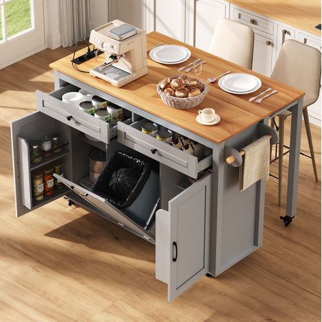 Isola da cucina mobile allungabile con ruote, prese e vani portaoggetti, grigio HAVRYA (1/5)