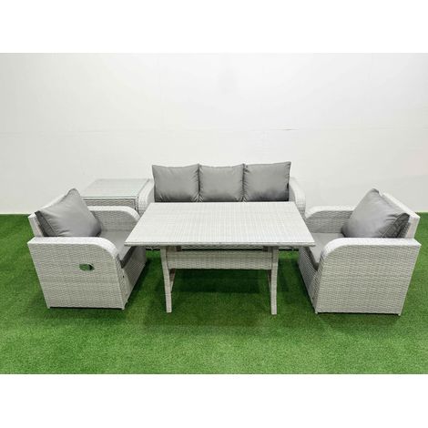 Fimous PE Rattan Garden Furniture Set Reclining Chair Sofa Lounge Sofa Set Rectangular Dining Table Side Table Light Grey (1/4)