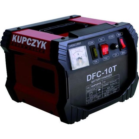 Cargador de batería, Kupczyk, modelo DFC-10T, uso en automóviles y motocicletas, voltaje 6/12 V, corriente máxima 10 A, protección contra sobrecargas y polaridad inversa