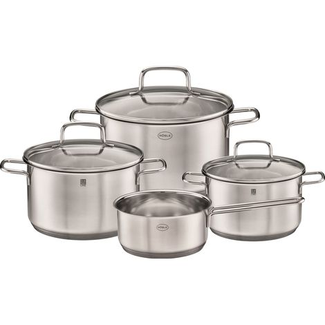 Lot de 4 casseroles universelles, 1 casserole en acier inoxydable 18/10, avec couvercle en verre et bord verseur, passe au lave-vaisselle, Couleur : Argenté (1/5)