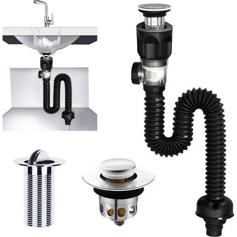 GENERIC-Égouttoir de Bonde de Lavabo, Siphon Lavabo, Bonde de Lavabo Sans Trop Plein, Extensible de 300-955 mm Pour la Salle de Bain, Cuisine (Noir) (1/5)