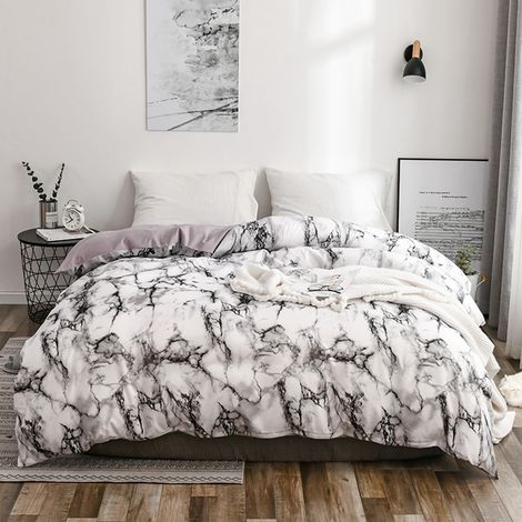Ensemble de literie 3 pièces en polyester marbré, housse de couette et taie d'oreiller, taille double européenne (blanc) (1/5)