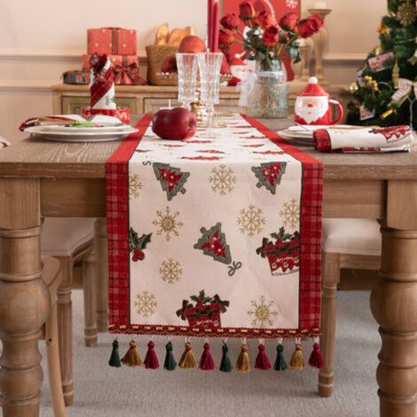 Christmas Table Runner Xmas Dining Table Linen Decoration with Tassels Cotton Blend Winter Holiday Decoration, (35 x 180) (1/5)