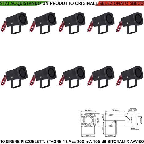 Segnalazione Allarme Sirena Piezo Stagna 10 Pezzi 12 Vcc Assorbimento 200 mA Pressione Acustica 105 dB a 1 Metro Frequenza 1500/4000 Hz Utile Allarme Furto Auto Moto Bici Retromarcia Staffa Fissaggio (1/2)