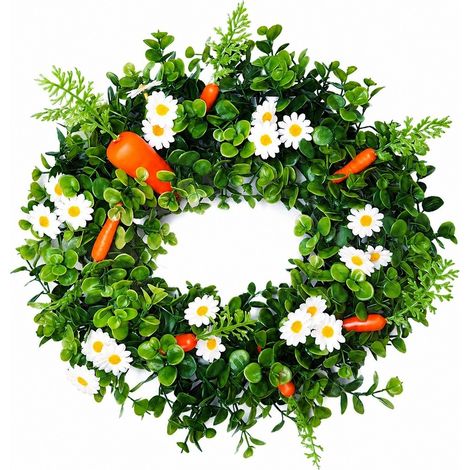 Couronne de Pâques en carottes avec marguerites et eucalyptus, décoration à suspendre pour l'intérieur et l'extérieur, idéale pour décorer une porte d'entrée ou une fête. (1/5)