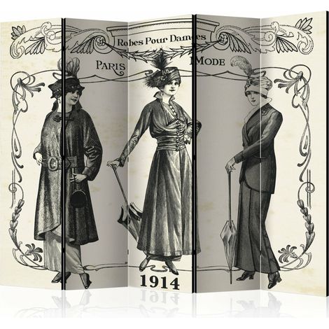 Paravent Élégance Rétro 1914, Séparateur de Pièce 5 Panneaux - Beige et Noir (1/5)