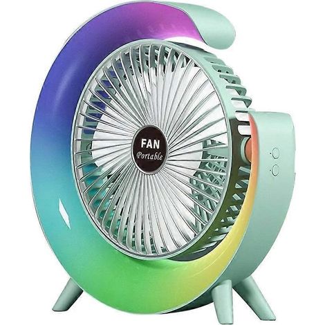 Ventilateur portable rechargeable USB, ventilateur LED 7 couleurs, ventilateur électrique, ventilateur de camping orientable à 180°, 3 vitesses, mini ventilateur de bureau vert (1/5)