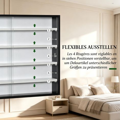 Vitrine murale en verre trempé, meuble d'exposition moderne pour objets de collection et décorations, design épuré, fixation au mur, sans pieds, idéale pour salon ou boutique. (1/5)