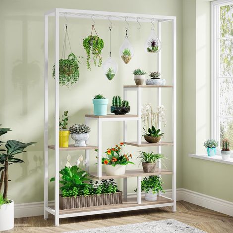 Tribesigns – Support pour plantes d'intérieur 5 niveaux – Étagère en métal 180,1 cm – 10 crochets en S – Pour espaces intérieurs et balcons – Blanc et beige (1/5)