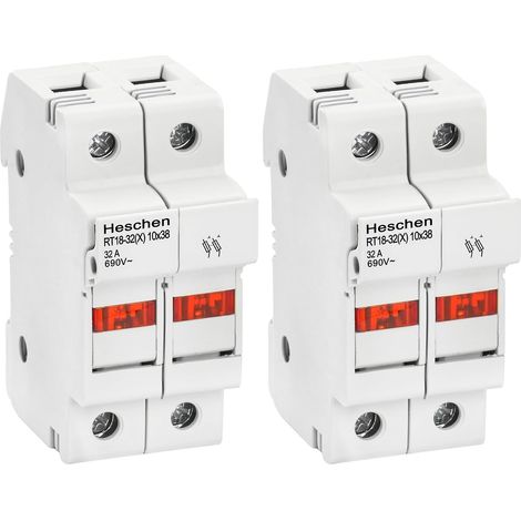 Heschen Cylindrical Fuse Holder Base RT18-32(X) 32A AC690V 2P DIN Mounting Rail for RT18 RO15 10x38mm Fuse 2PCS (1/5)