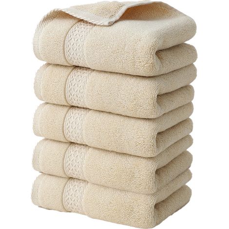 Lot de 5 serviettes de toilette douces et absorbantes en pur coton, marron clair/30 x 50 cm (1/3)