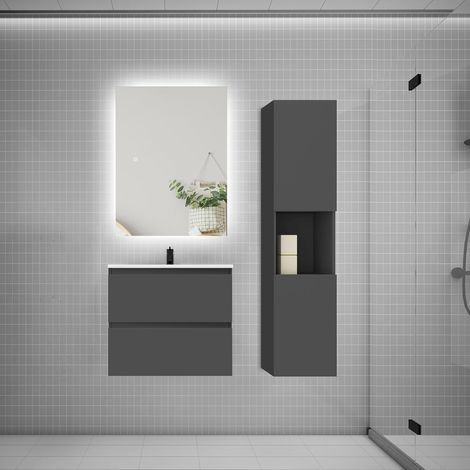 Ensemble meuble anthracite et vasque L.60cm 2 tiroirs + colonne1 haut + lavabo + miroir 80x60cm-suspendu