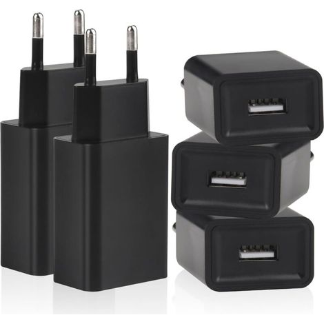 5 Pack USB Chargeur 5V/1A Prise 5W Chargeur USB Adaptateur Secteur Compatible Téléphone Portable Lecteur ebook Écouteurs Lampe Table Routeur Ventilateur de Poche (Noir)